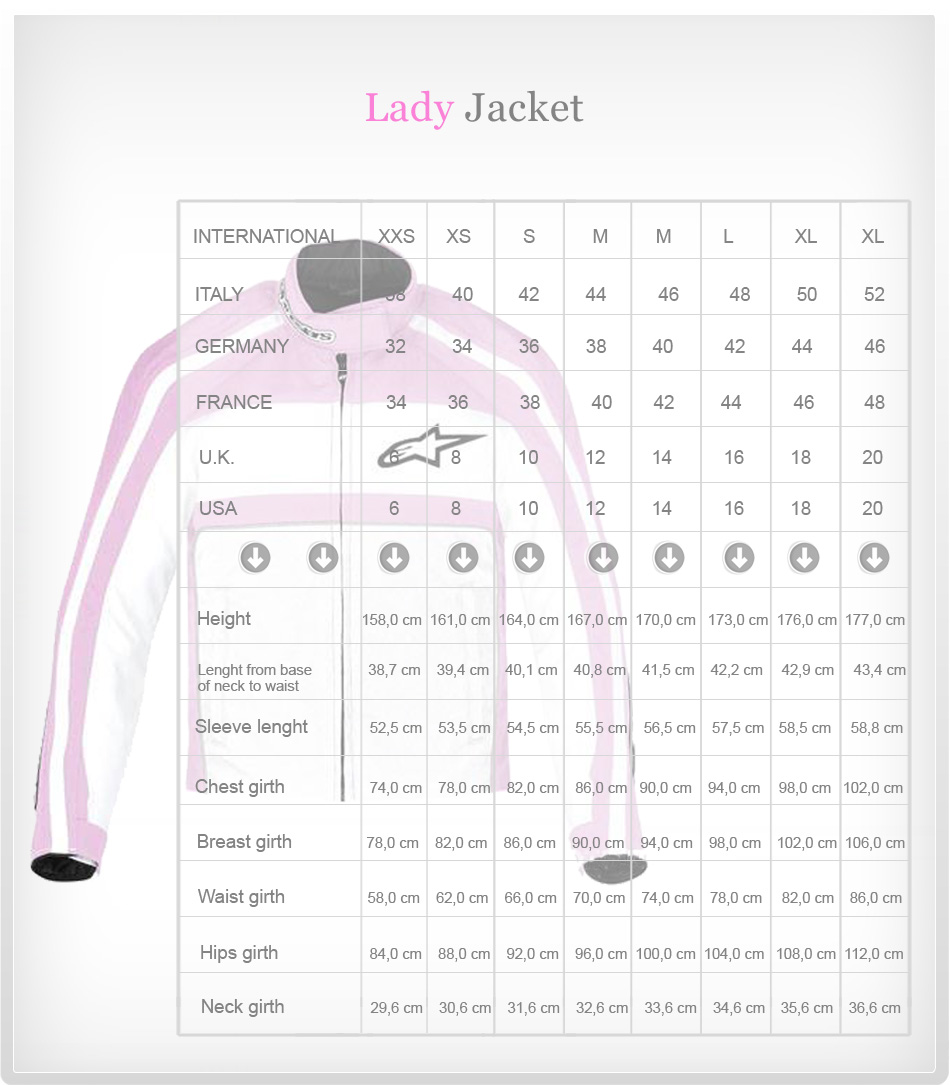 lady jackets size chart